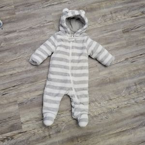 Baby Gray & White Stripe Zipup Baby Winter Bodysuit with Bear Hood, Hand Covers